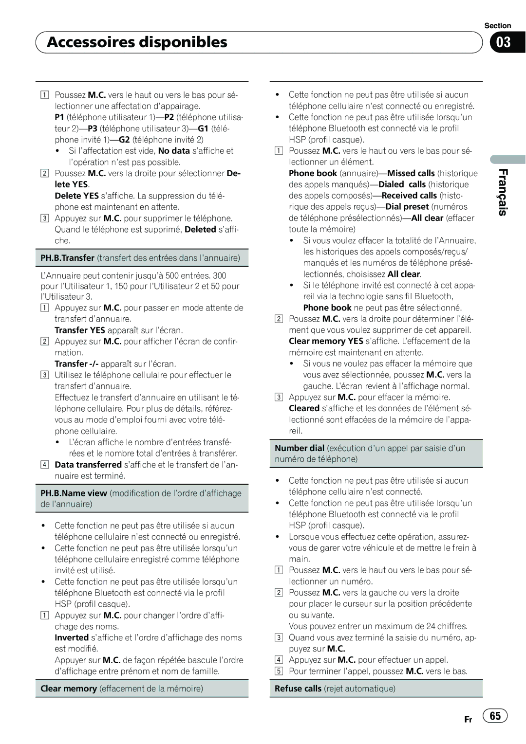 Pioneer P4200UB operation manual Clear memory effacement de la mémoire 