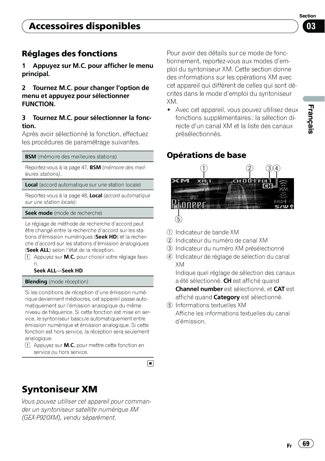 Pioneer P4200UB operation manual Syntoniseur XM, Tournez M.C. pour sélectionner la fonc- tion 