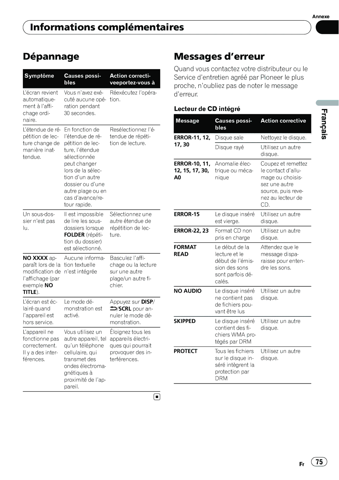 Pioneer P4200UB operation manual Informations complémentaires Dépannage, Messages d’erreur, Le début de la Attendez que le 