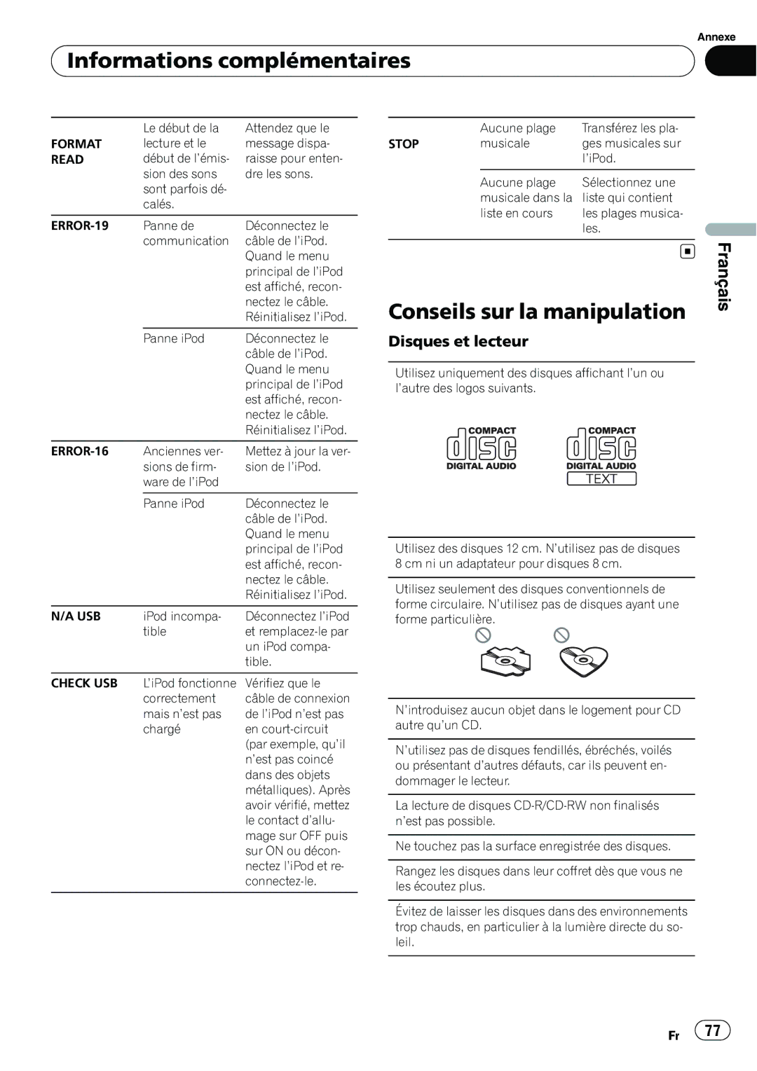 Pioneer P4200UB operation manual Conseils sur la manipulation, Disques et lecteur 