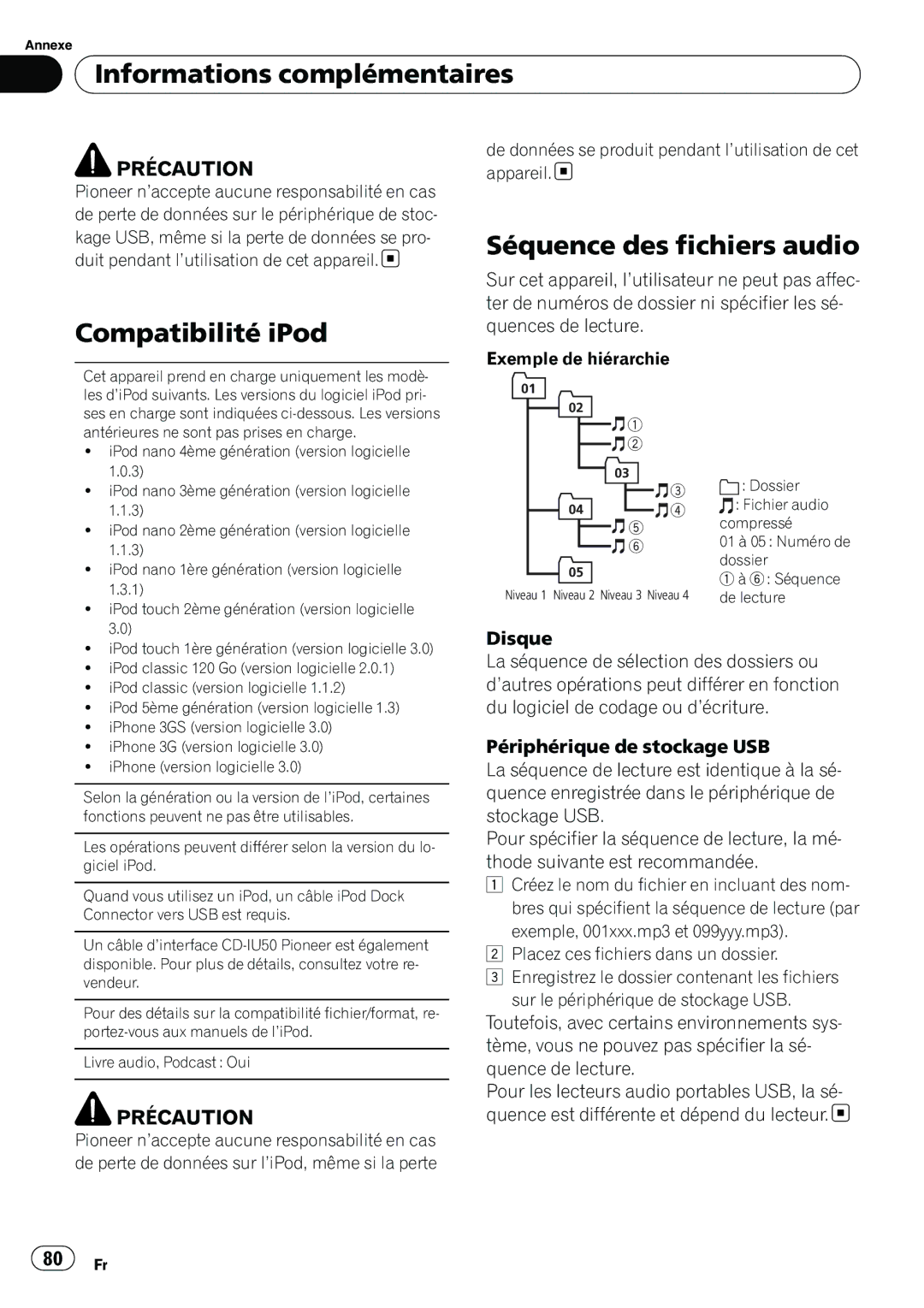 Pioneer P4200UB operation manual Compatibilité iPod, Séquence des fichiers audio, Exemple de hiérarchie, 80 Fr 