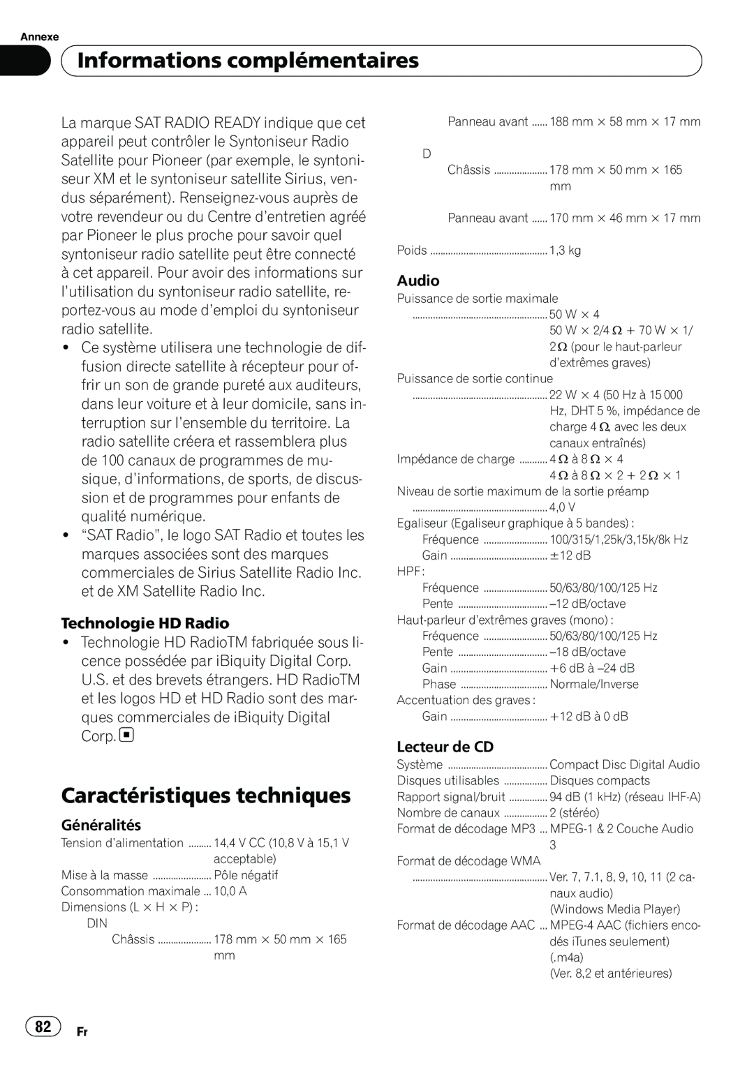 Pioneer P4200UB operation manual Caractéristiques techniques, Généralités, Lecteur de CD 