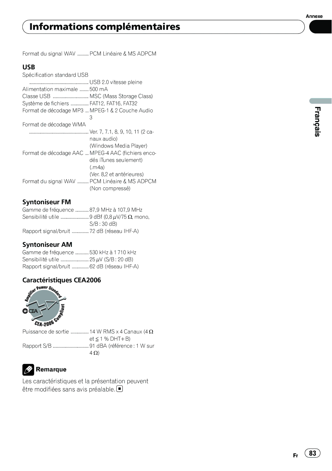 Pioneer P4200UB operation manual Syntoniseur FM, Syntoniseur AM, Caractéristiques CEA2006 