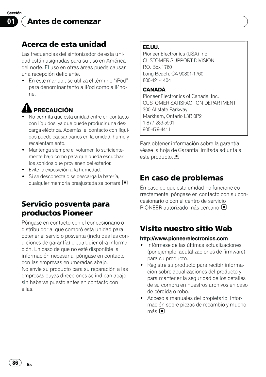 Pioneer P4200UB Antes de comenzar Acerca de esta unidad, En caso de problemas, Servicio posventa para, Productos Pioneer 