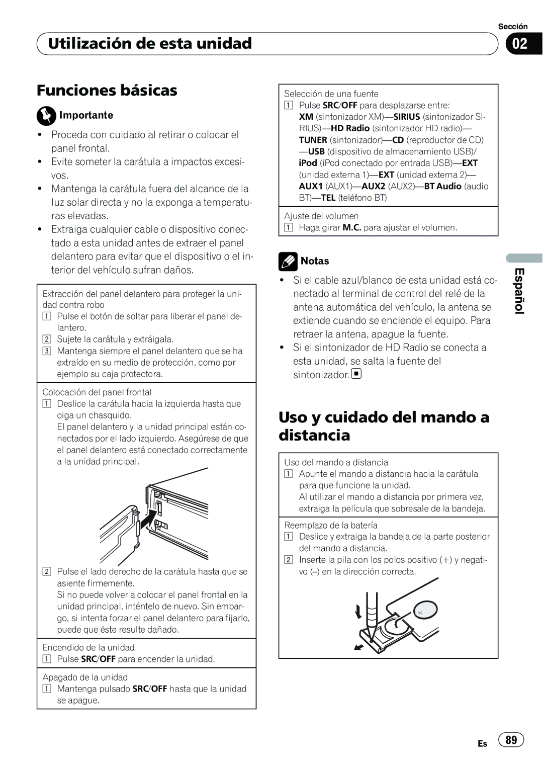 Pioneer P4200UB operation manual Utilización de esta unidad Funciones básicas, Uso y cuidado del mando a distancia, Notas 