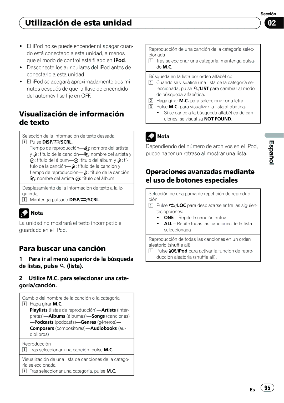 Pioneer P4200UB operation manual Para buscar una canción, Dependiendo del número de archivos en el iPod 