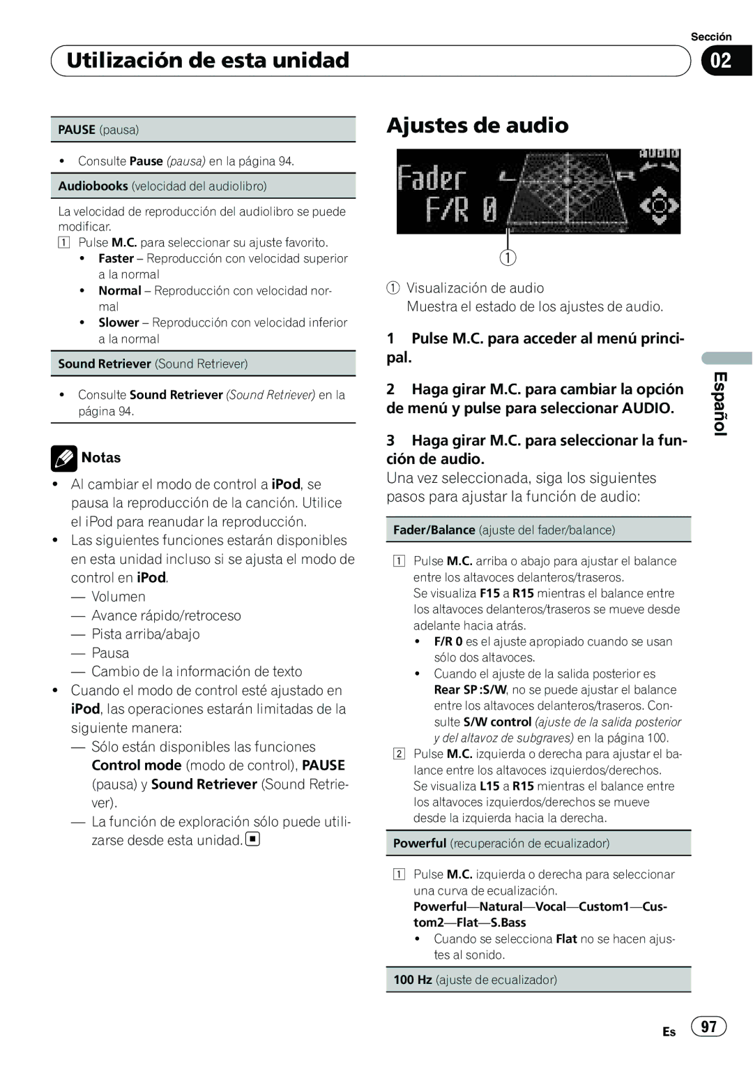 Pioneer P4200UB operation manual Ajustes de audio, Fader/Balance ajuste del fader/balance 