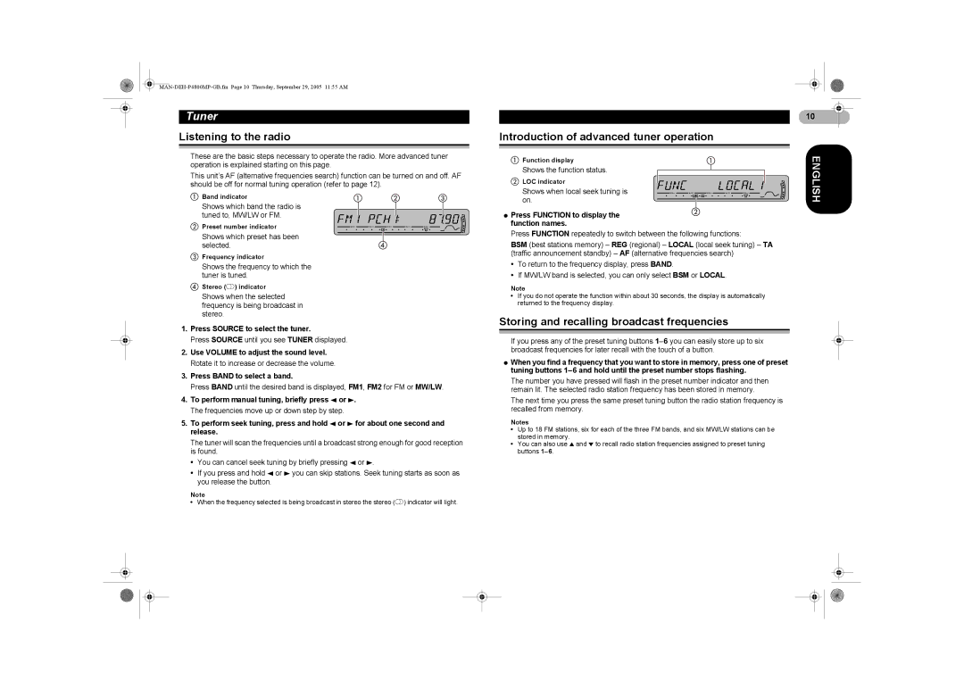 Pioneer P4800MP operation manual Tuner, Listening to the radio, Introduction of advanced tuner operation 