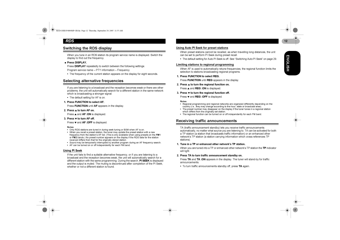 Pioneer P4800MP Switching the RDS display, Selecting alternative frequencies, Receiving traffic announcements 