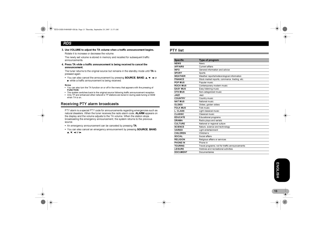 Pioneer P4800MP operation manual Receiving PTY alarm broadcasts, PTY list 