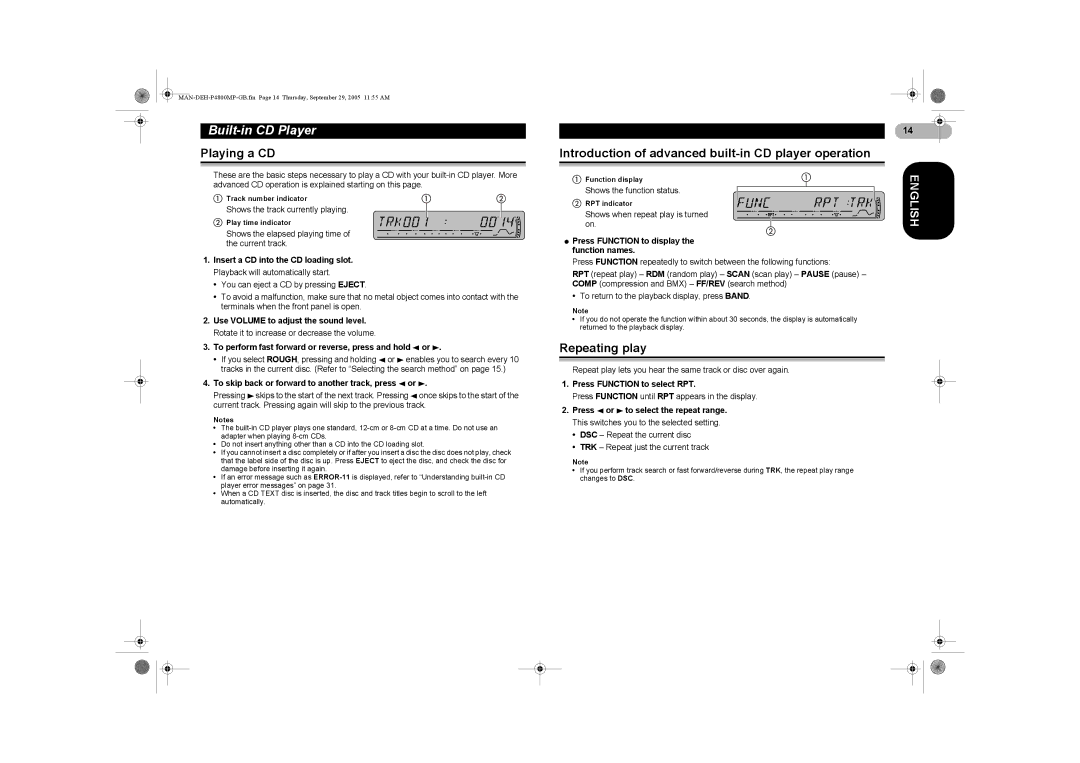 Pioneer P4800MP Built-in CD Player, Playing a CD, Introduction of advanced built-in CD player operation, Repeating play 