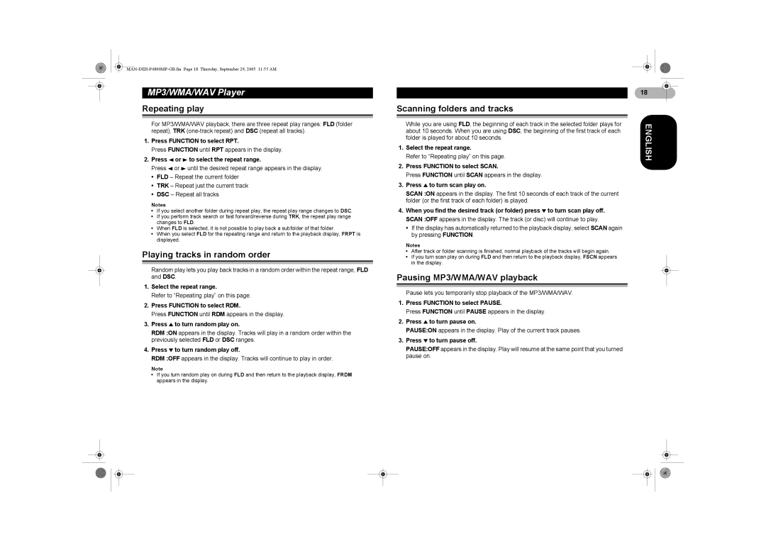 Pioneer P4800MP Scanning folders and tracks, Pausing MP3/WMA/WAV playback, Press 4 or 6 to select the repeat range 