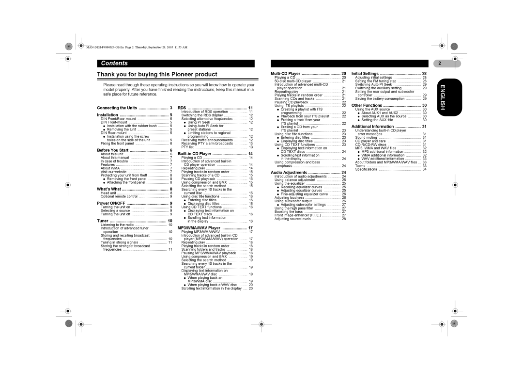 Pioneer P4800MP operation manual Contents 