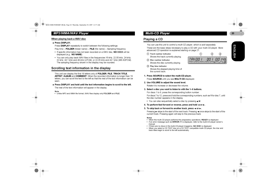 Pioneer P4800MP operation manual Scrolling text information in the display, Multi-CD Player, When playing back a WAV disc 