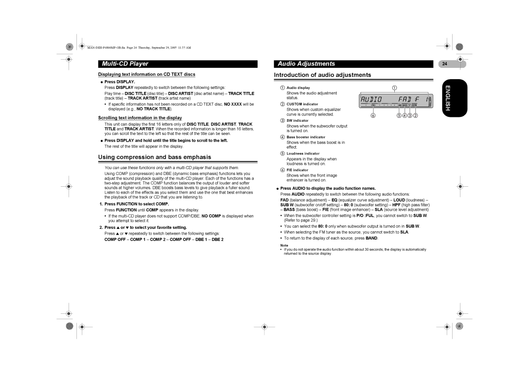 Pioneer P4800MP operation manual Using compression and bass emphasis, Audio Adjustments, Introduction of audio adjustments 