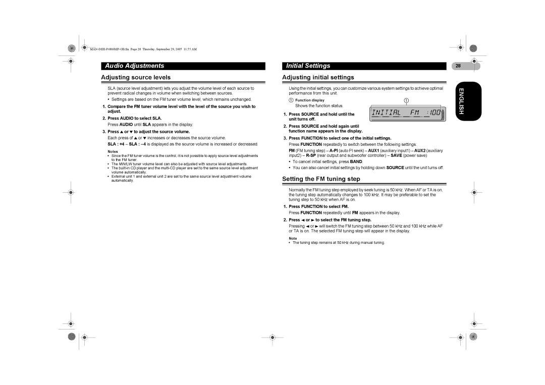 Pioneer P4800MP Adjusting source levels, Initial Settings, Adjusting initial settings, Setting the FM tuning step 