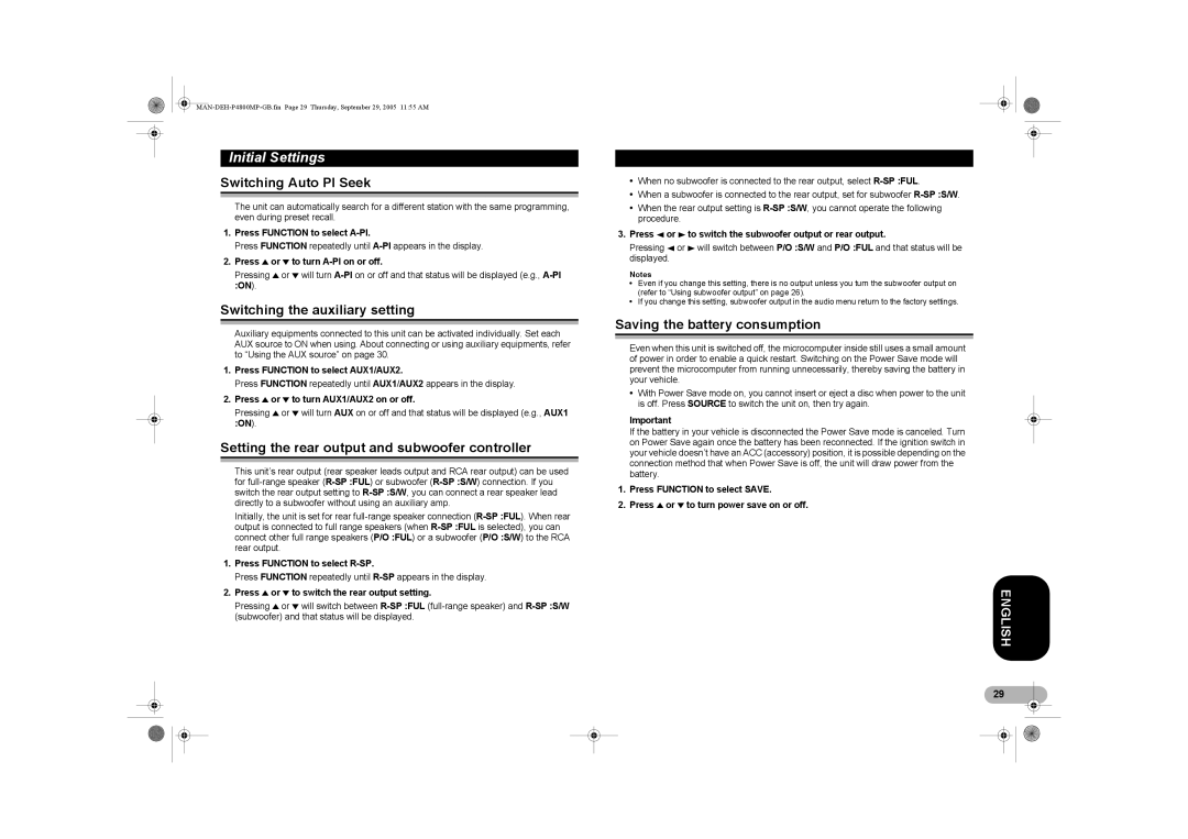 Pioneer P4800MP Switching Auto PI Seek, Switching the auxiliary setting, Setting the rear output and subwoofer controller 