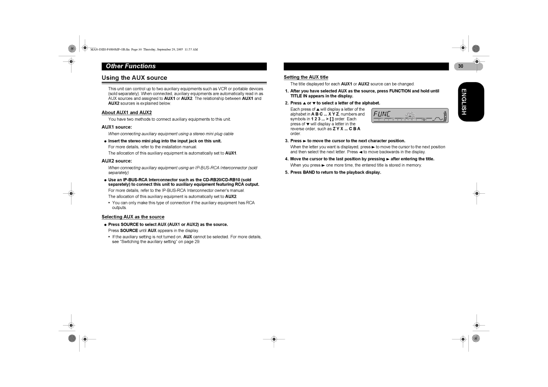 Pioneer P4800MP operation manual Other Functions, Using the AUX source 