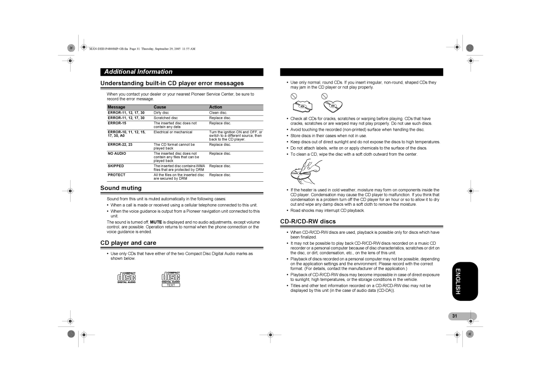 Pioneer P4800MP Additional Information, Understanding built-in CD player error messages, Sound muting, CD player and care 