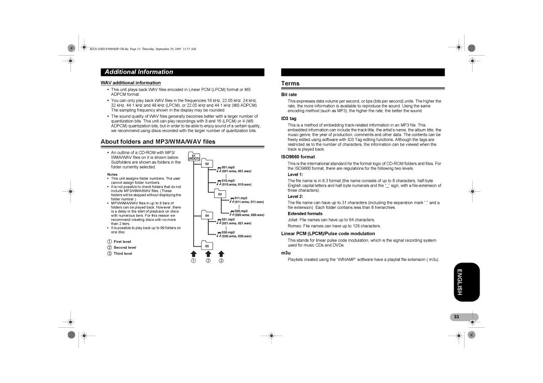 Pioneer P4800MP operation manual About folders and MP3/WMA/WAV files, Terms 