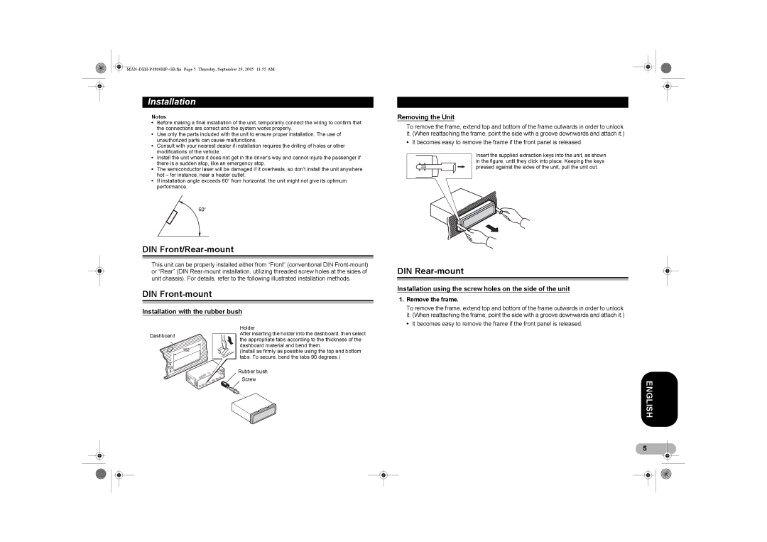 Pioneer P4800MP operation manual Installation, DIN Front/Rear-mount, DIN Front-mount, DIN Rear-mount 