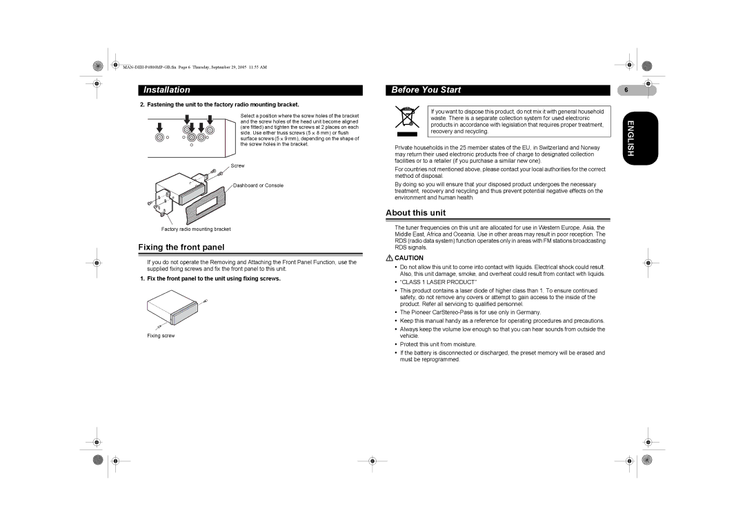 Pioneer P4800MP operation manual Fixing the front panel, Before You Start, About this unit 