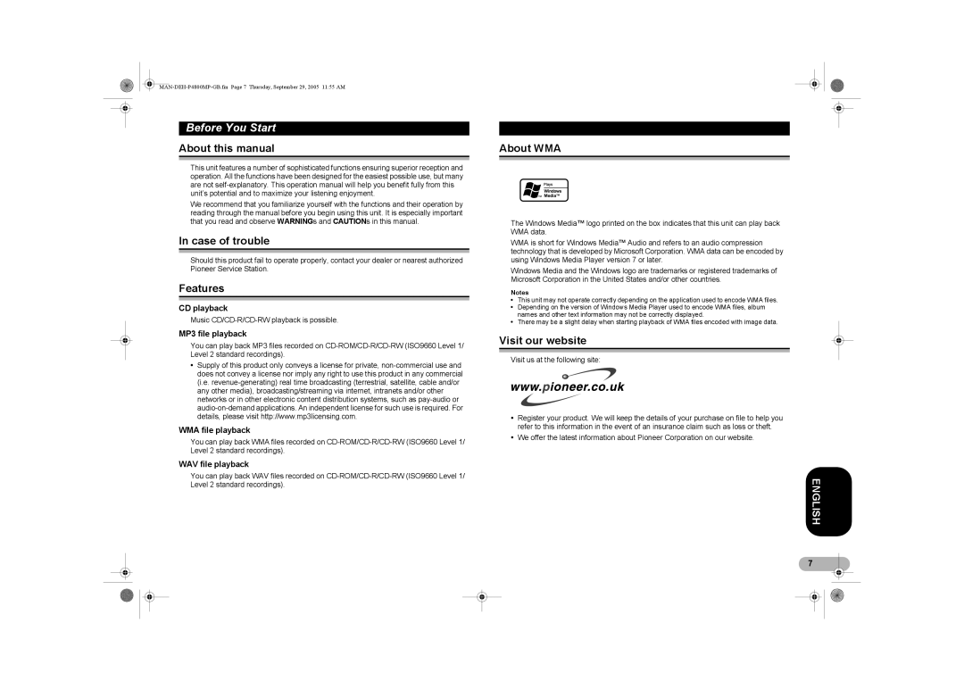 Pioneer P4800MP operation manual About this manual, Case of trouble, Features, About WMA, Visit our website 