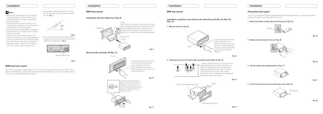 Pioneer P5000MP Installation, DIN front-mount, DIN rear-mount, Fixing the front panel, DIN front/rear-mount 