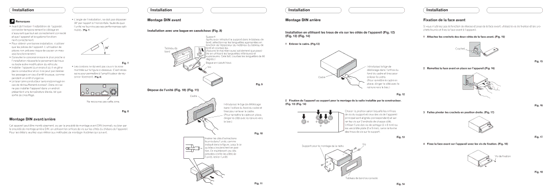 Pioneer P5000MP installation manual Montage DIN arrière, Fixation de la face avant, Montage DIN avant/arrière 