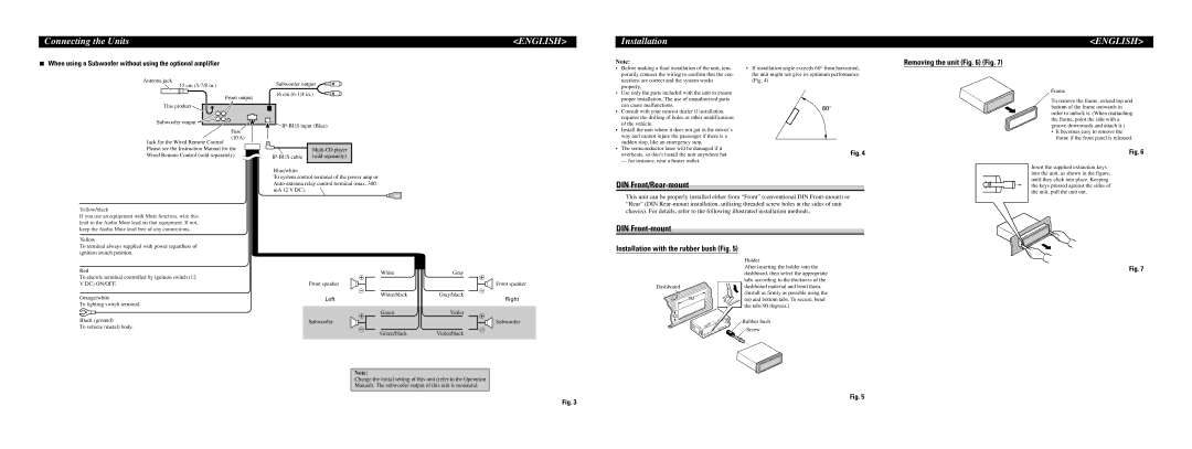 Pioneer P6800MP installation manual Installation, DIN Front/Rear-mount, DIN Front-mount, Removing the unit Fig 