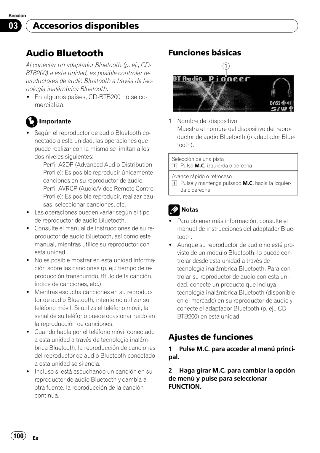 Pioneer P7200HD operation manual Accesorios disponibles Audio Bluetooth, Funciones básicas 