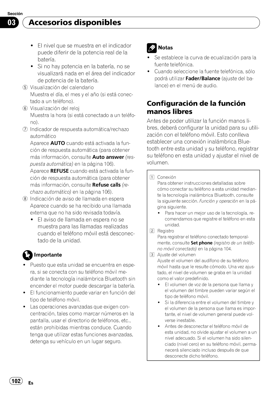 Pioneer P7200HD operation manual Configuración de la función manos libres 