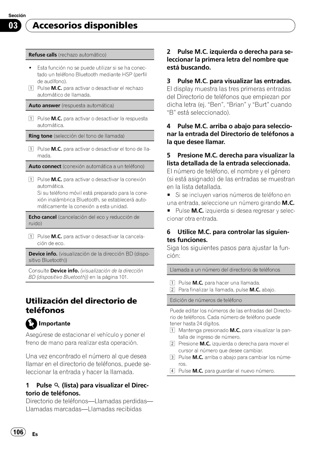 Pioneer P7200HD Utilización del directorio de teléfonos, Echo cancel cancelación del eco y reducción de ruido 