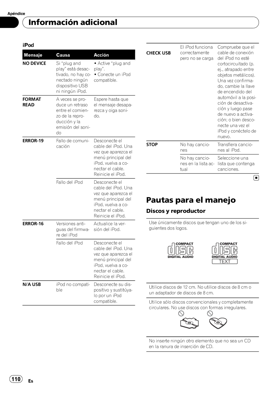 Pioneer P7200HD operation manual Pautas para el manejo, Discos y reproductor 