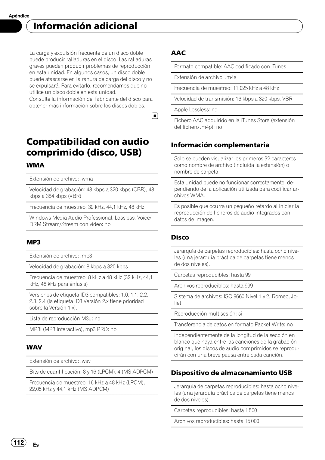 Pioneer P7200HD operation manual Compatibilidad con audio comprimido disco, USB, Información complementaria, Disco 