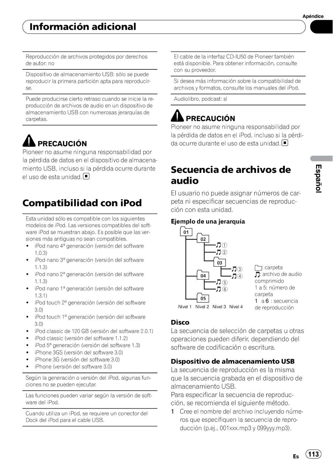 Pioneer P7200HD operation manual Compatibilidad con iPod, Secuencia de archivos de audio, Ejemplo de una jerarquía 