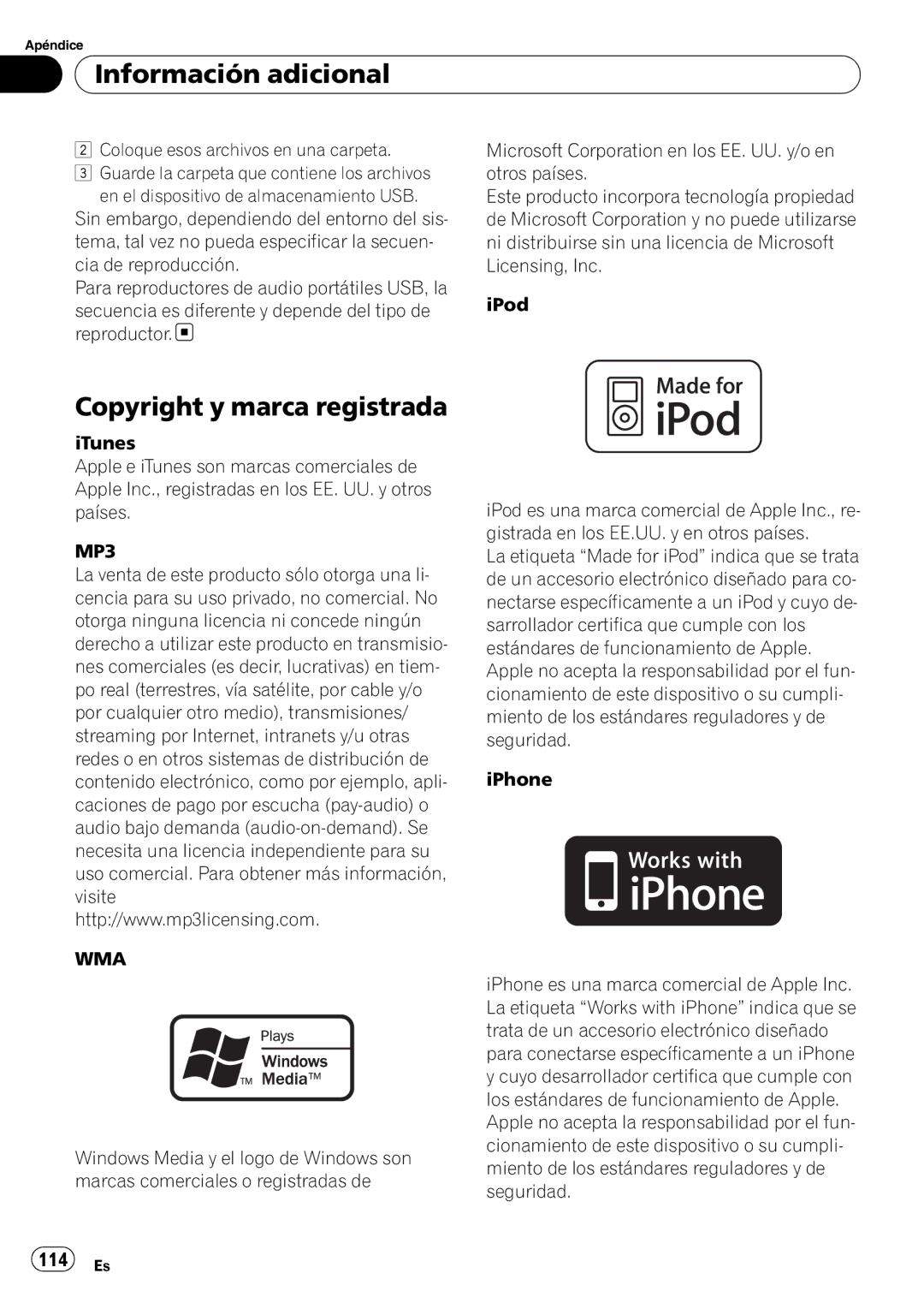 Pioneer P7200HD operation manual Copyright y marca registrada, Coloque esos archivos en una carpeta 