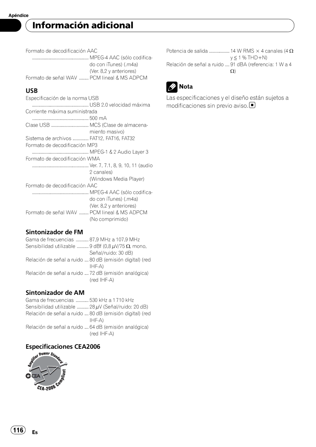 Pioneer P7200HD operation manual Sintonizador de AM, Especificaciones CEA2006, Ihf-A 