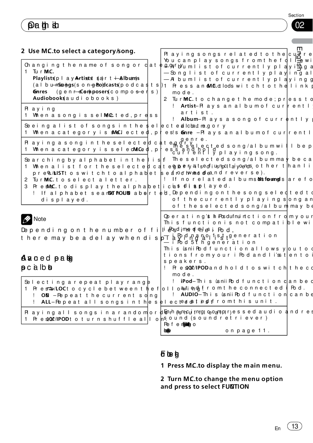 Pioneer P7200HD operation manual Use M.C. to select a category/song, Changing the name of song or category Turn M.C 