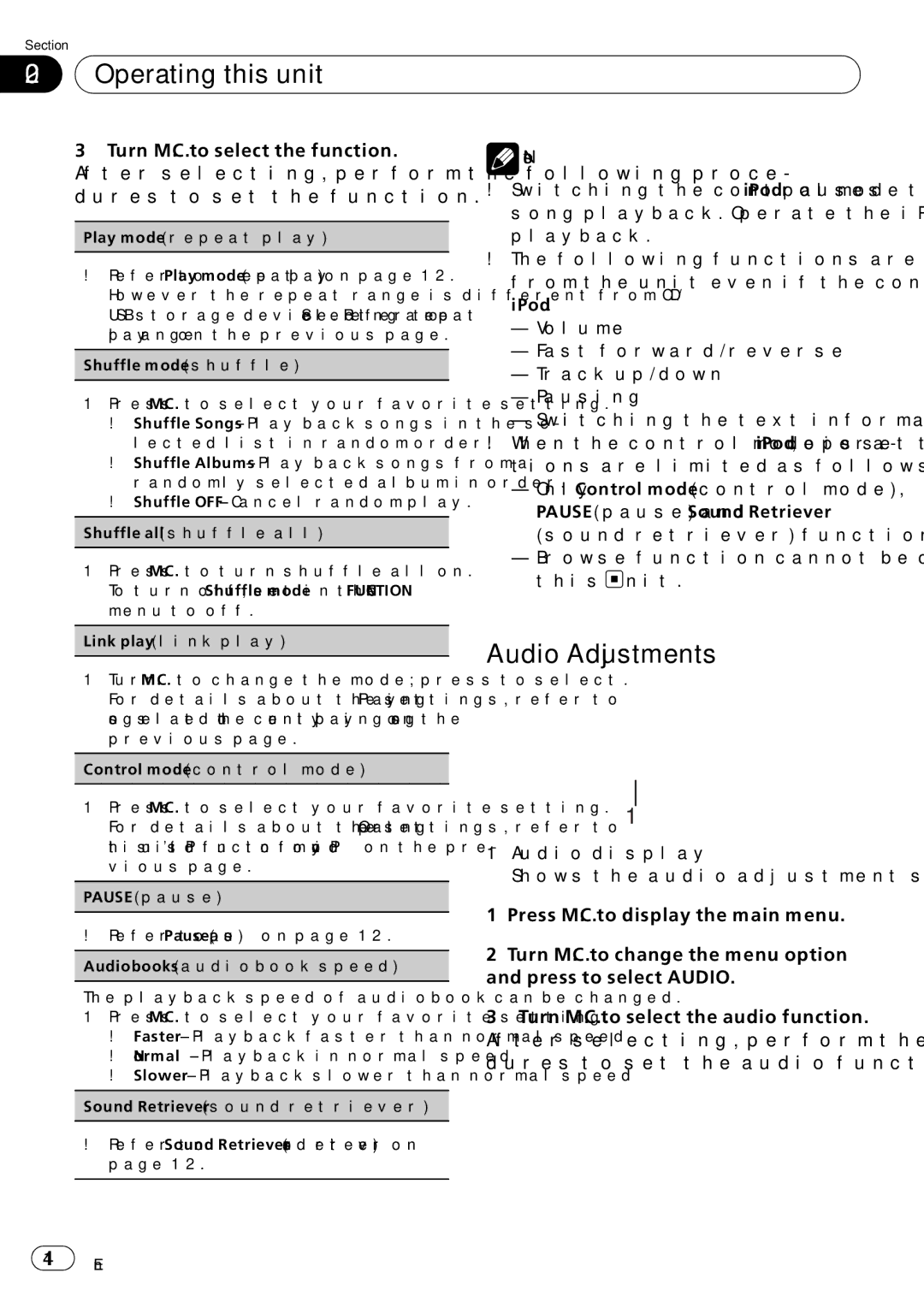 Pioneer P7200HD Audio Adjustments, Browse function cannot be operated from this unit, Link play link play, 14 En 