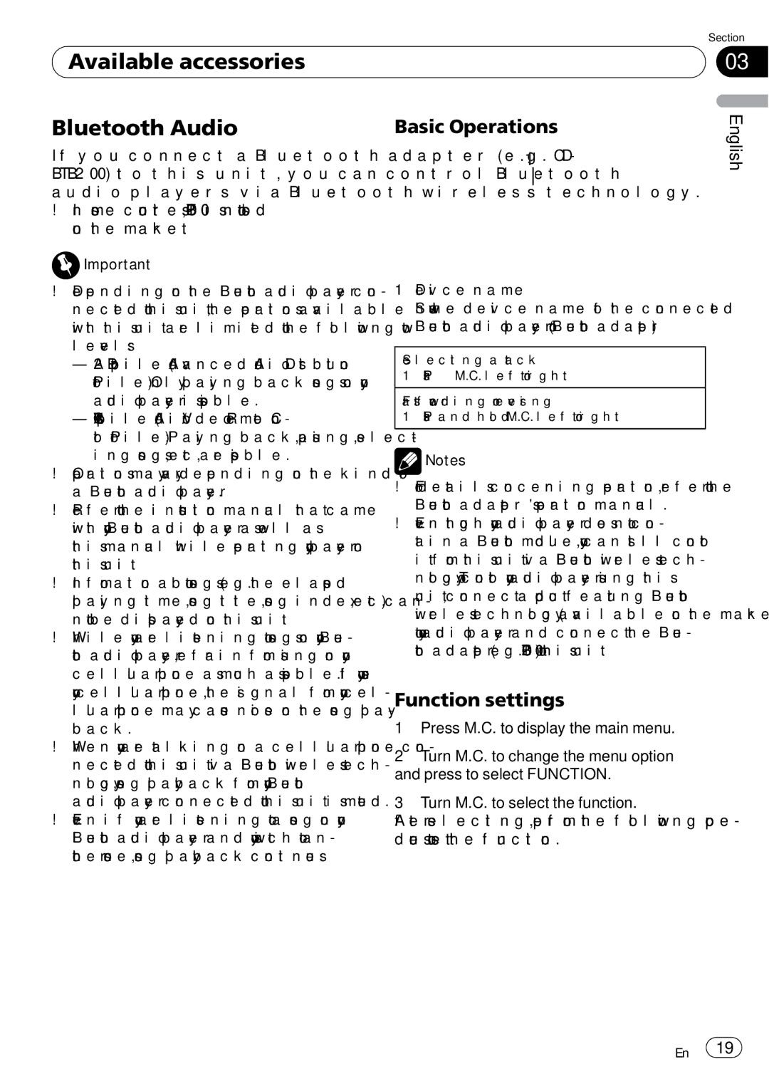 Pioneer P7200HD operation manual Available accessories Bluetooth Audio 