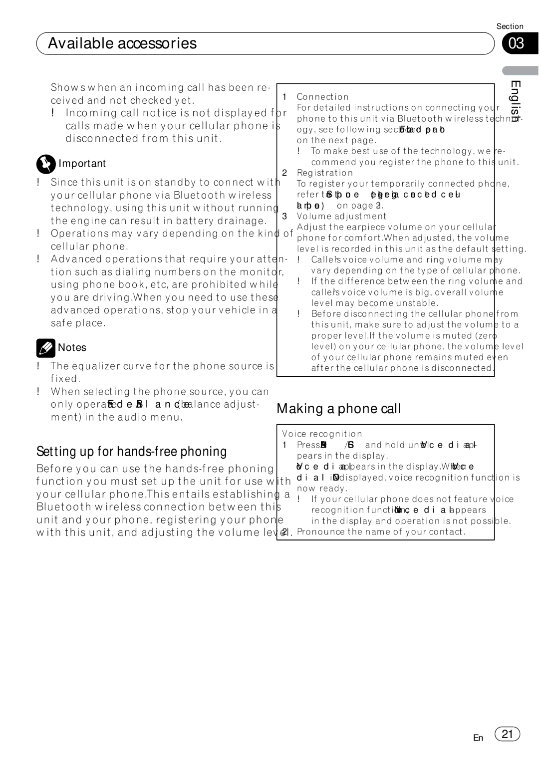 Pioneer P7200HD operation manual Setting up for hands-free phoning, Making a phone call, Pronounce the name of your contact 