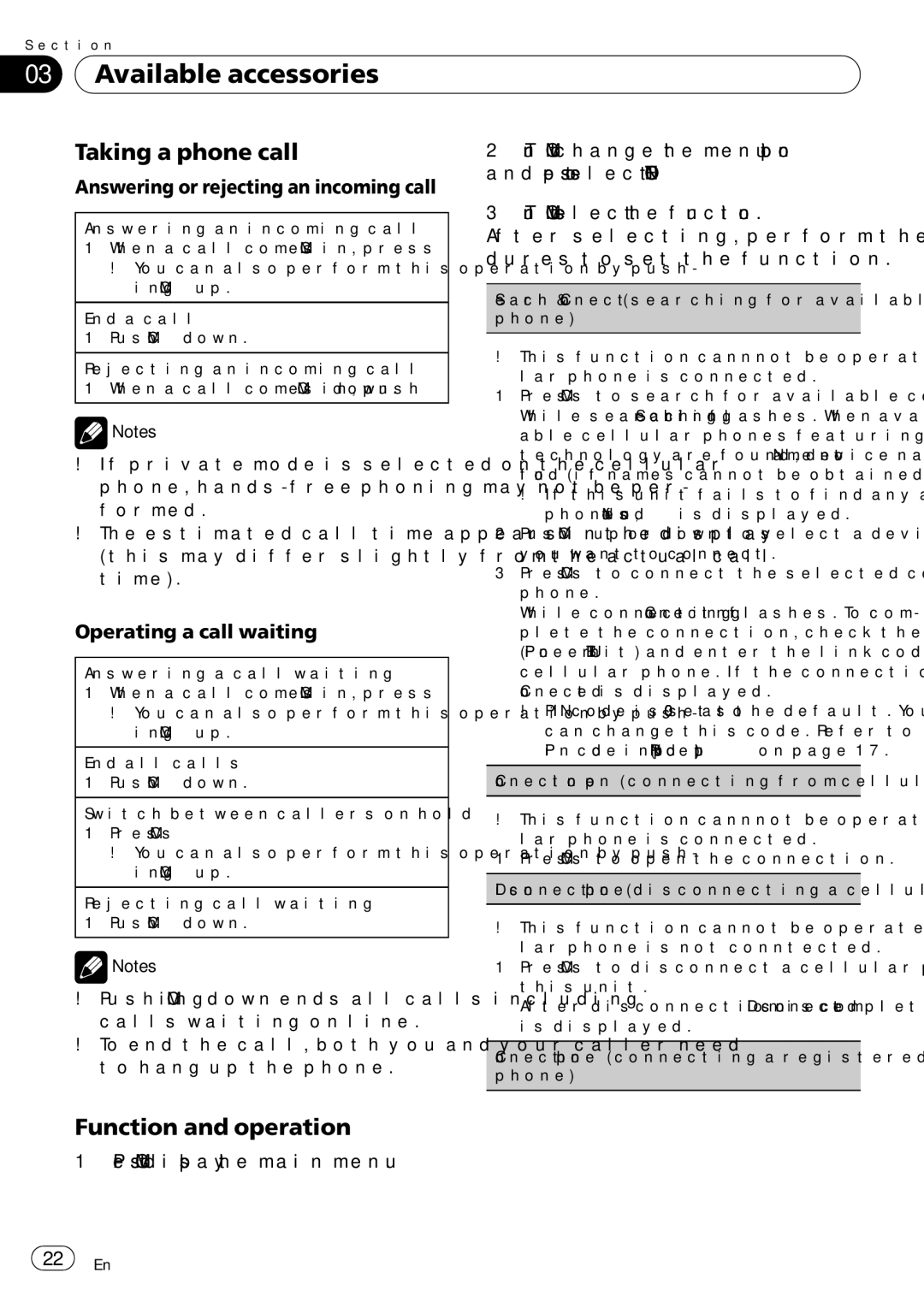 Pioneer P7200HD operation manual Taking a phone call, Function and operation, 22 En 