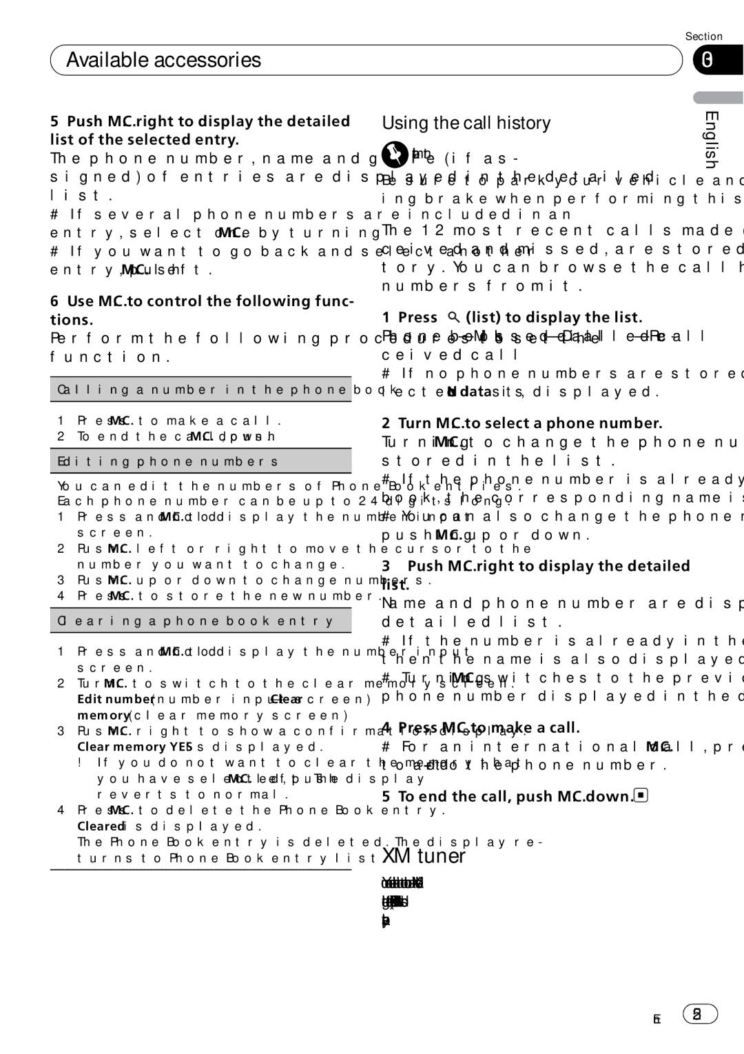 Pioneer P7200HD operation manual XM tuner, Using the call history 