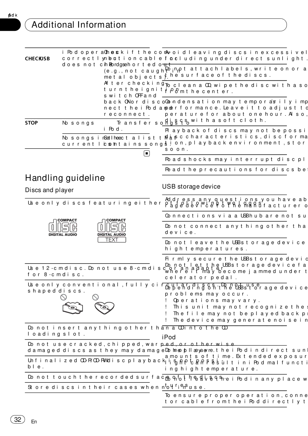 Pioneer P7200HD operation manual Handling guideline, Discs and player, IPod operates Check if the con, Stop 