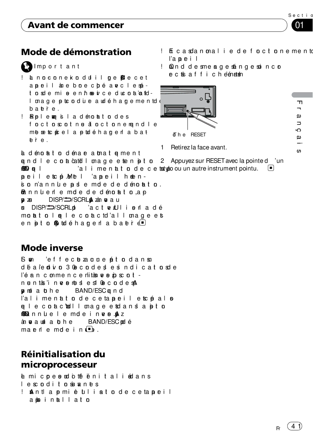 Pioneer P7200HD Avant de commencer Mode de démonstration, Mode inverse, Réinitialisation du microprocesseur, Touche Reset 