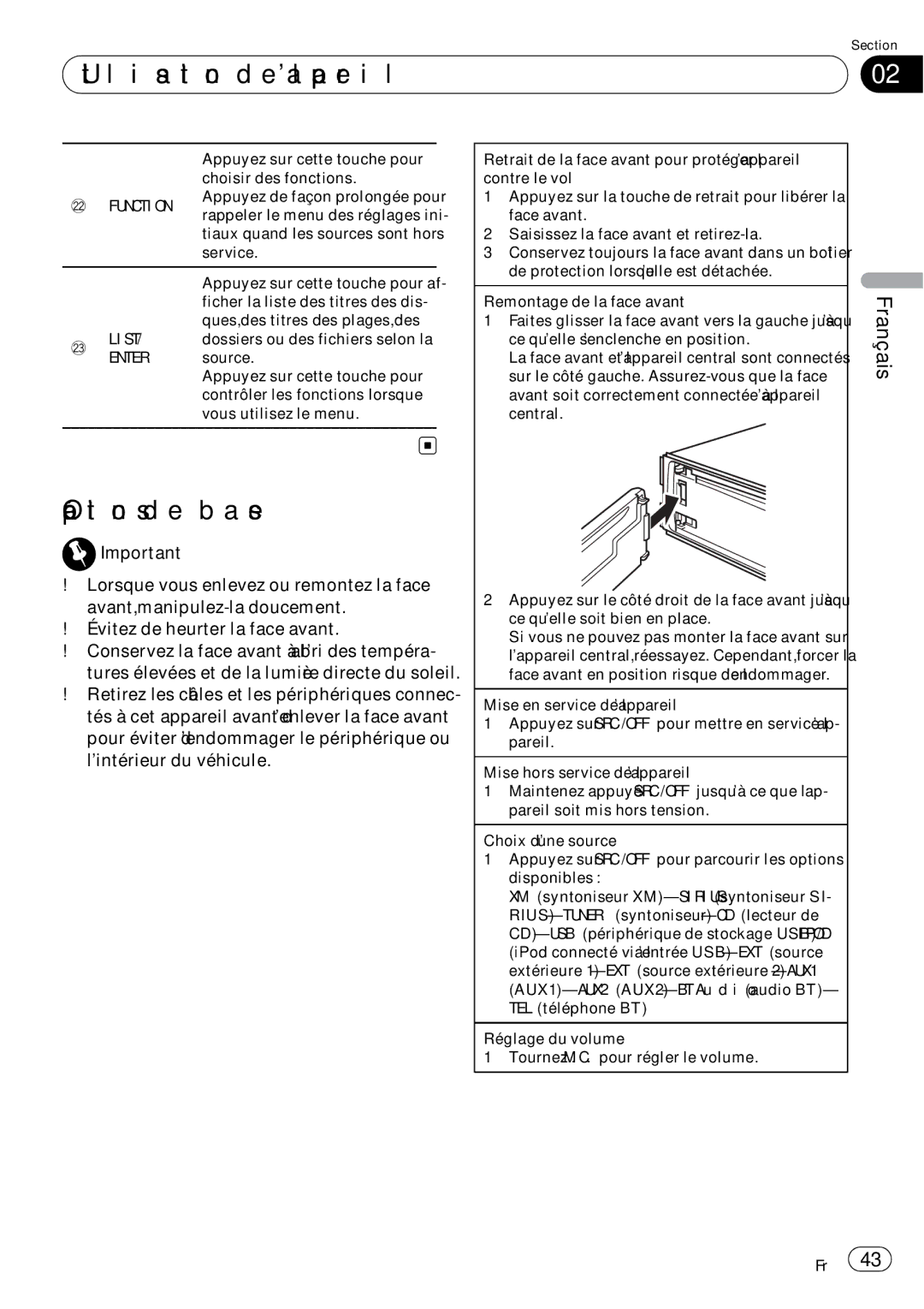 Pioneer P7200HD operation manual Utilisation de l’appareil, Opérations de base 