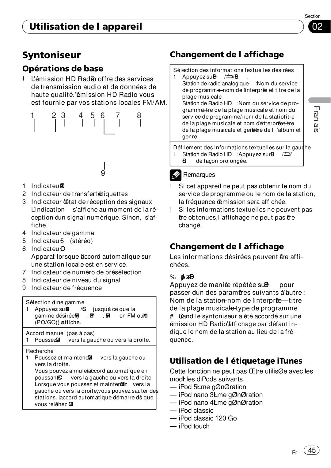 Pioneer P7200HD Utilisation de l’appareil Syntoniseur, Opérations de base, Changement de l’affichage, Remarques 