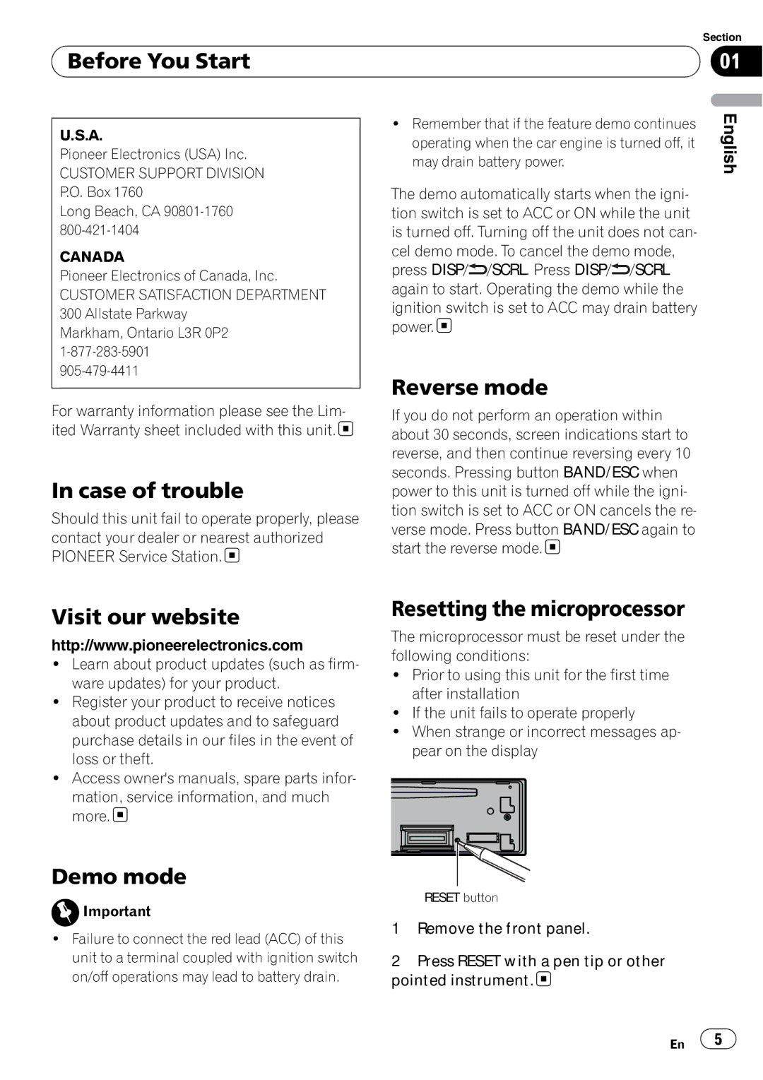 Pioneer P7200HD operation manual Case of trouble, Reverse mode, Visit our website, Resetting the microprocessor, Demo mode 