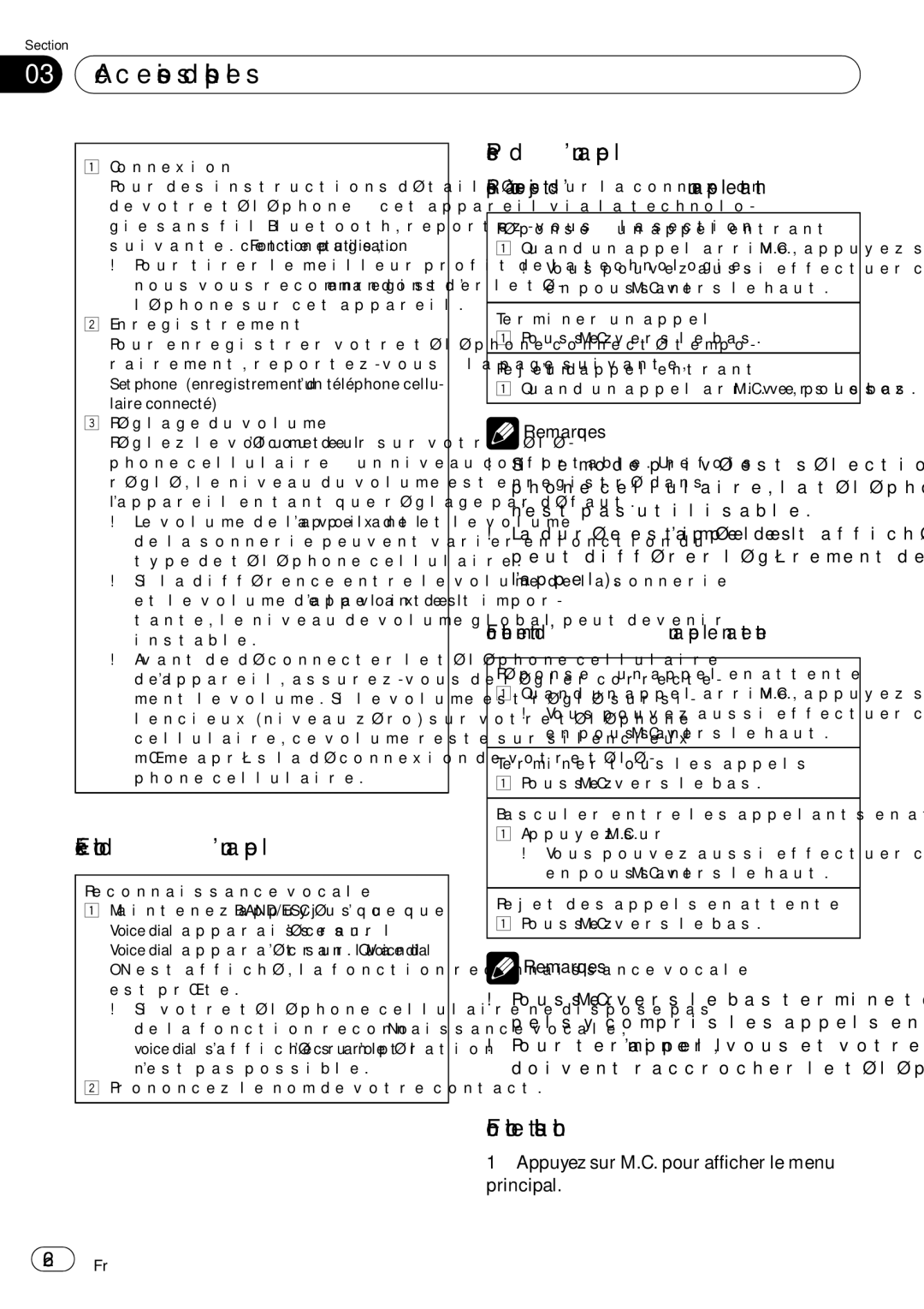 Pioneer P7200HD operation manual Exécution d’un appel, Prise d’un appel, Fonction et utilisation, Connexion, 62 Fr 